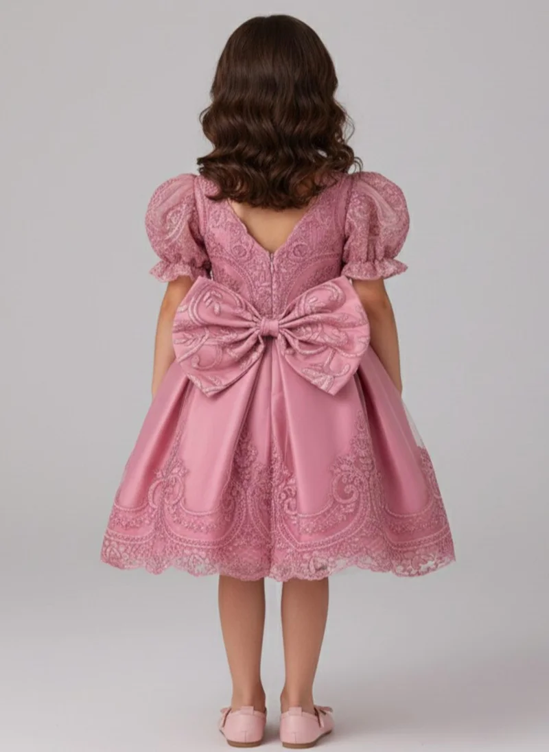 babyqlo Girls Pink Embroidered Satin Party Dress